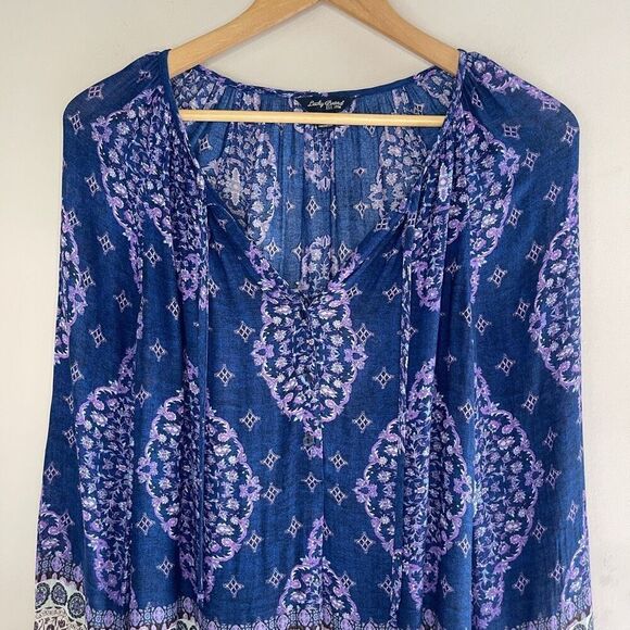 LUCKY BRAND‎ Navy Blue & Lavender Bohemian Print Long-Sleeve Peasant Top, XS/SM - Picture 2 of 8
